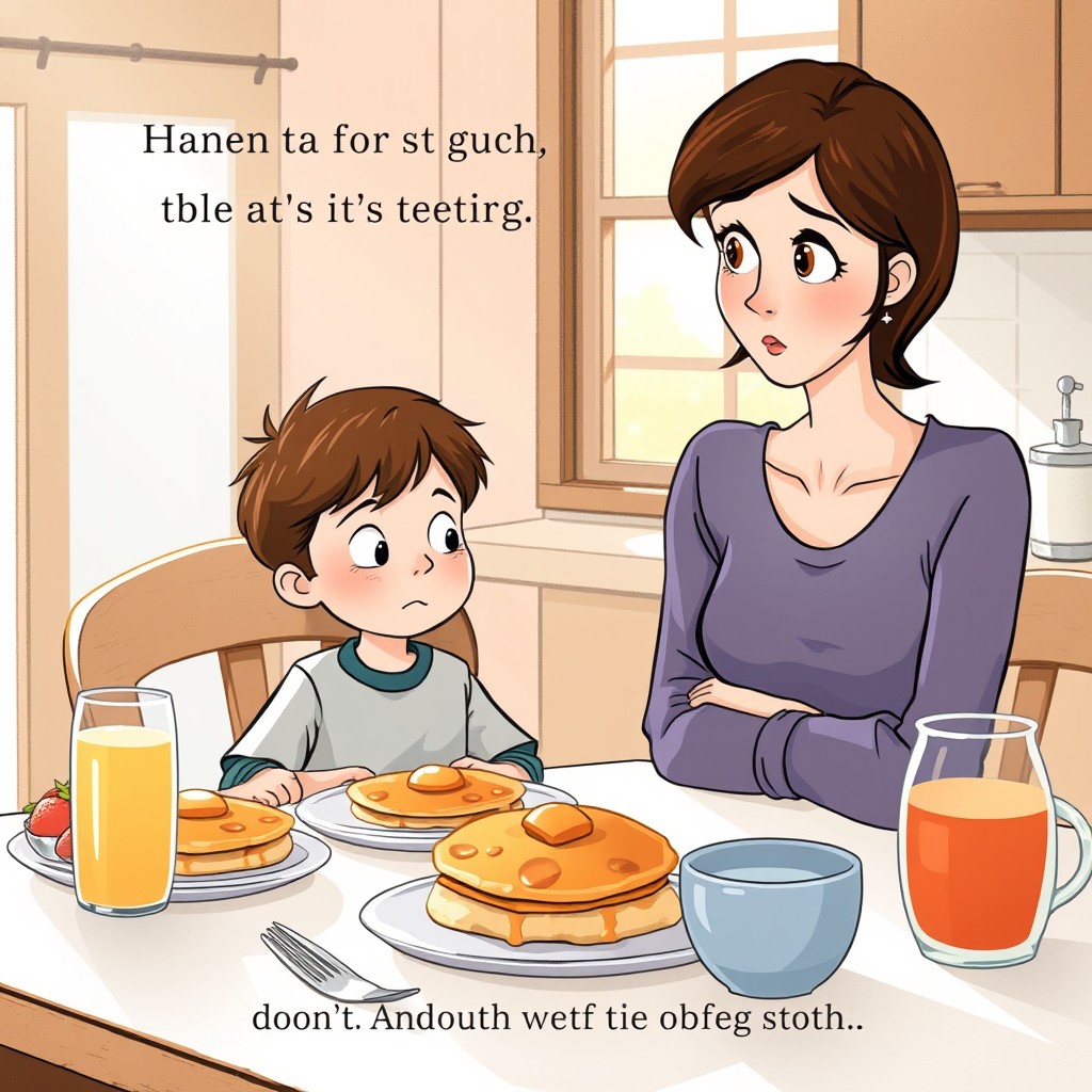 A poignant illustration for a children's book showing a little boy with brown hair having breakfast with his brown-haired mom