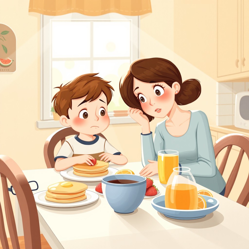 A touching illustration for a children's book depicting a little boy with brown hair having breakfast with his brown-haired mom
