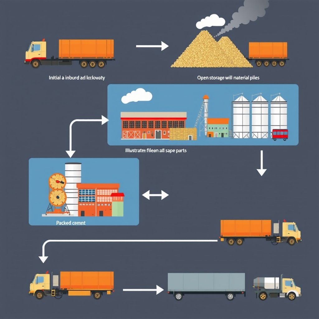 A detailed graphic schematic image illustrating the supply chain process within a cement plant