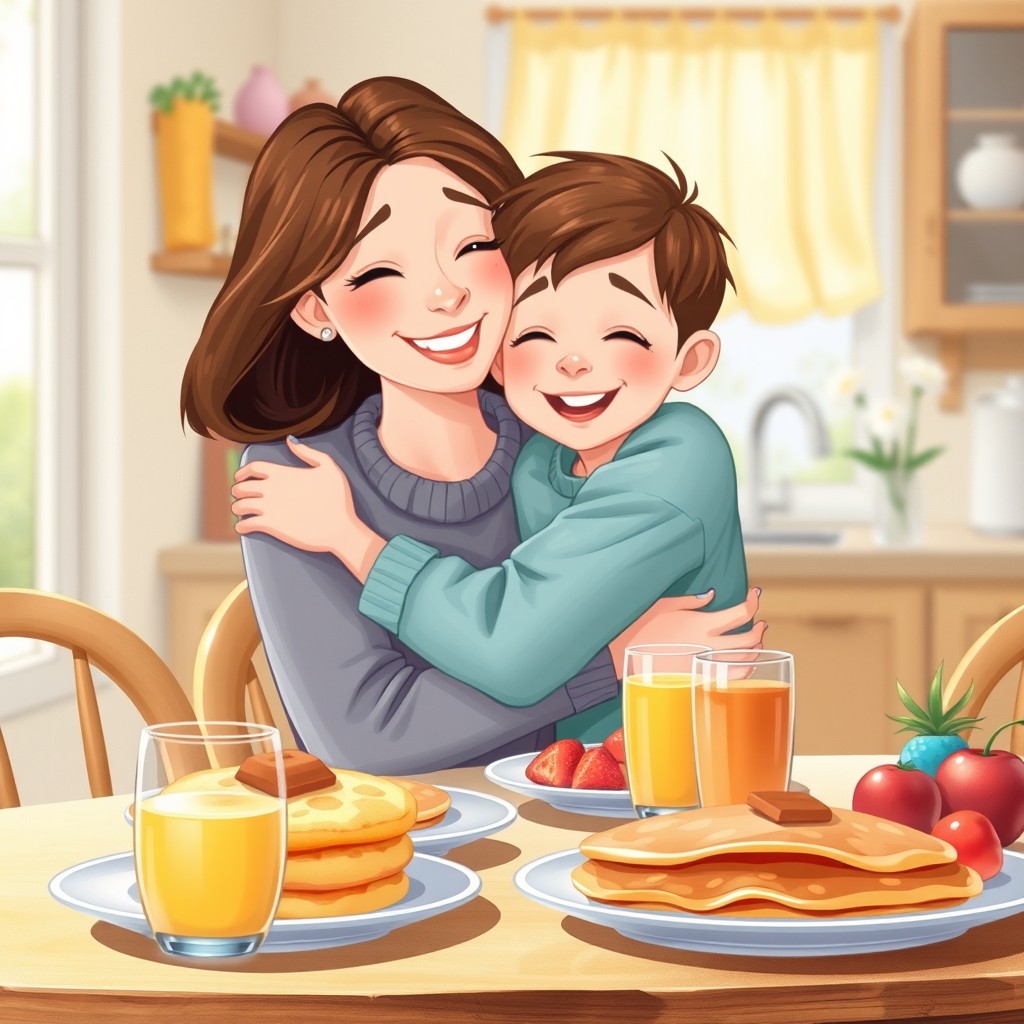 A heartwarming illustration for a children's book showing a little boy with brown hair feeling joyful as he shares a moment with his brown-haired mom during breakfast