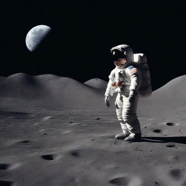 Astronaut standing on the lunar surface, holding a miniature Earth in his hand under the deep black sky.