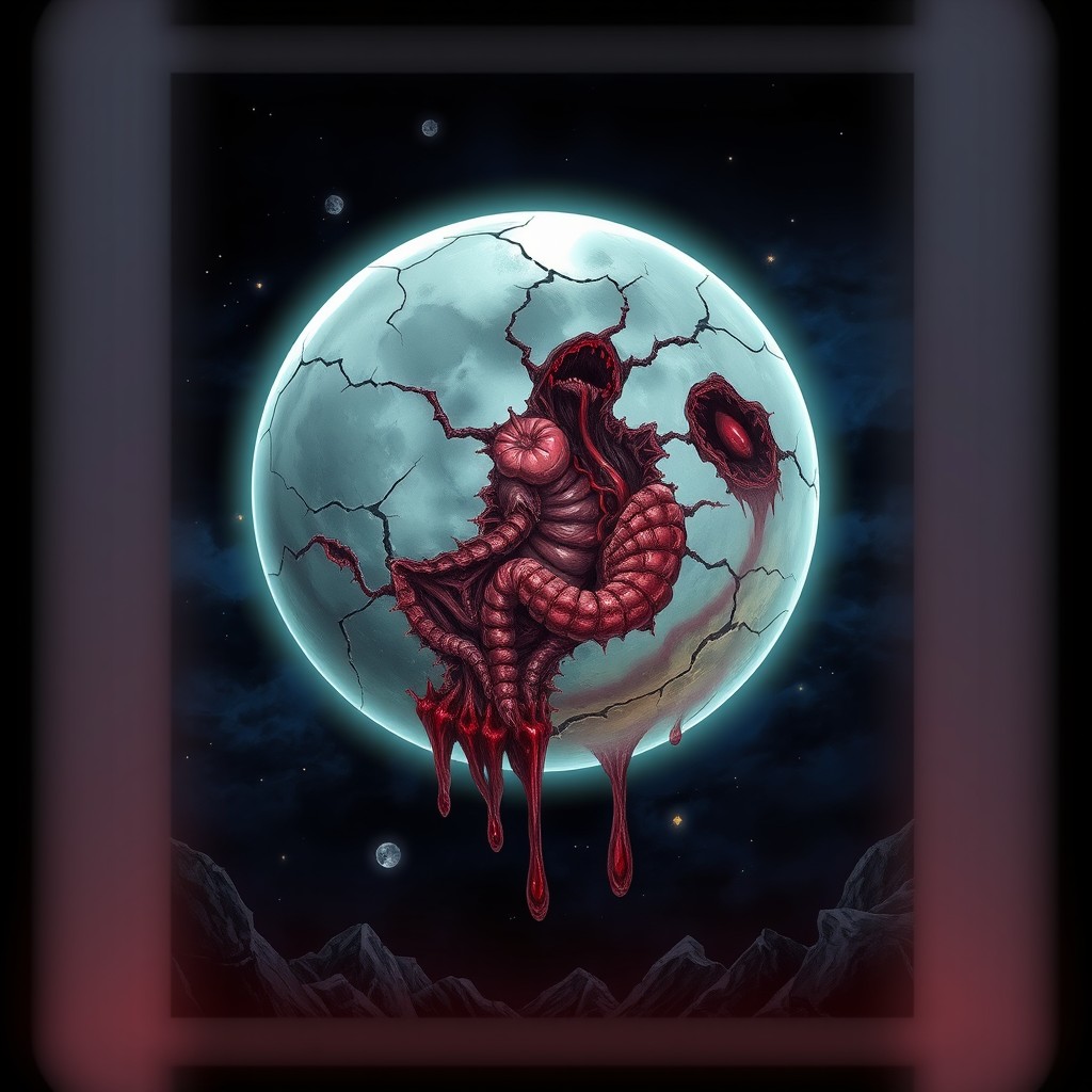 A grotesque moon made entirely of rotting flesh, with pulsating organs and exposed viscera, suspended in a dark, starless sky