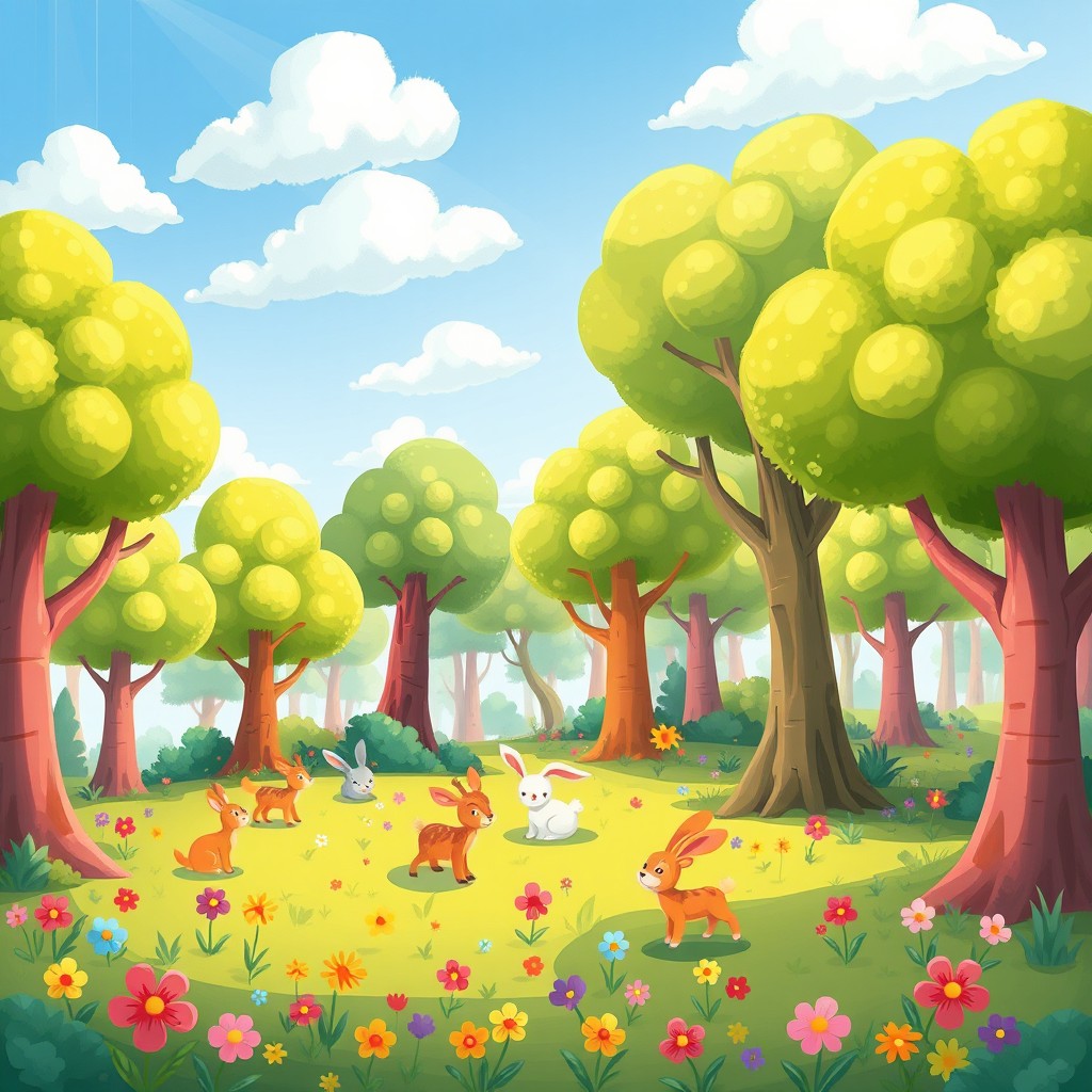 A vibrant and colorful forest in a childlike illustration style, designed for a children's cartoon
