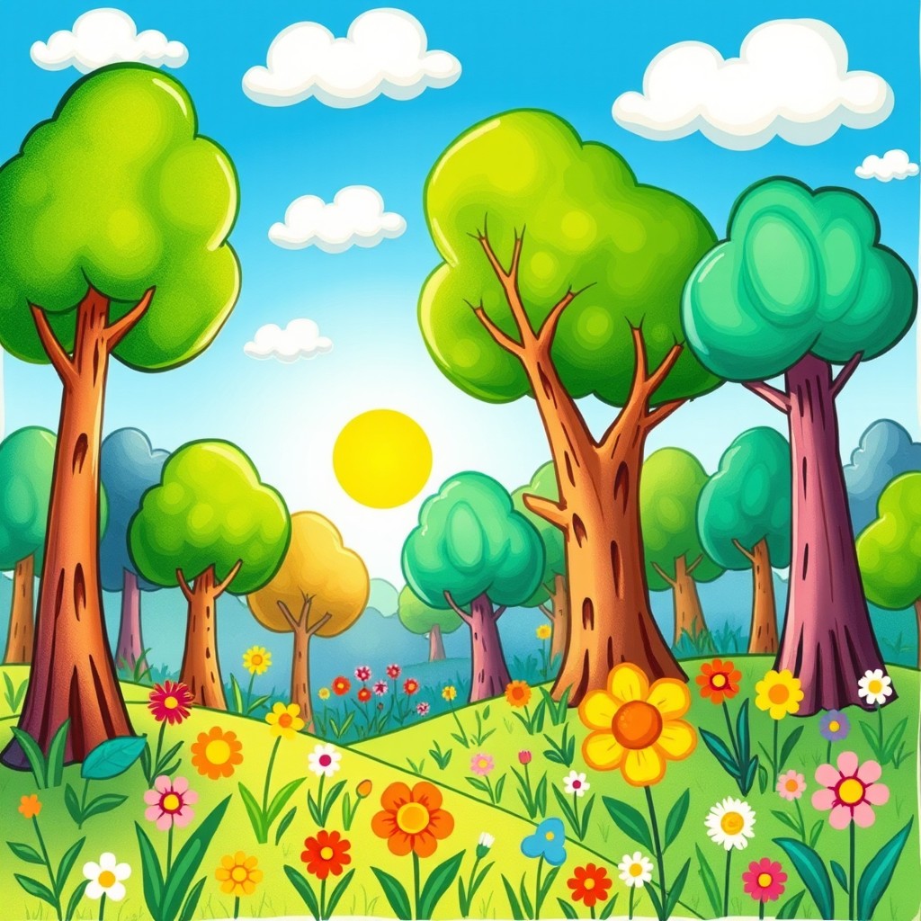 A vibrant and colorful forest in a children's drawing style, featuring whimsical trees with exaggerated shapes and bright colors
