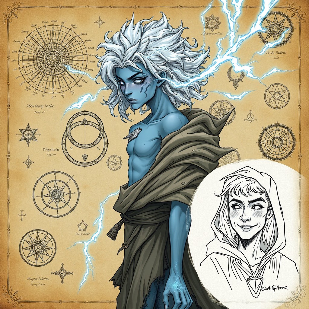A full-body character design for D&D, depicting a storm sorcerer of the Archon race with a slender figure and ethereal, almost weightless movements
