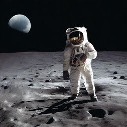 Astronaut standing on the lunar surface, holding a miniature Earth in his hand under the deep black sky.