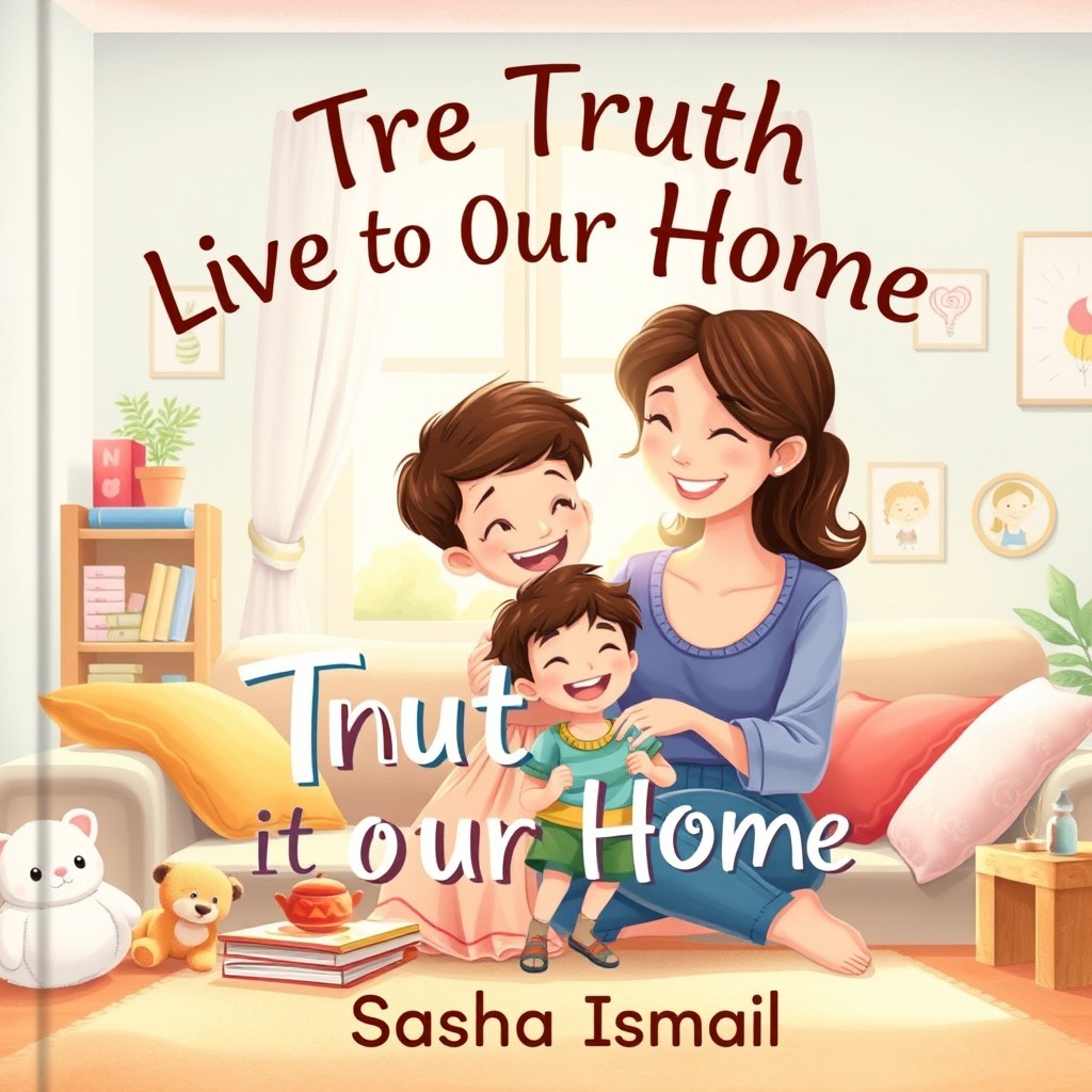 A delightful cover illustration for a children's book titled 'The Truth Lives in Our Home' with the author's name 'Sasha Ismail' written correctly