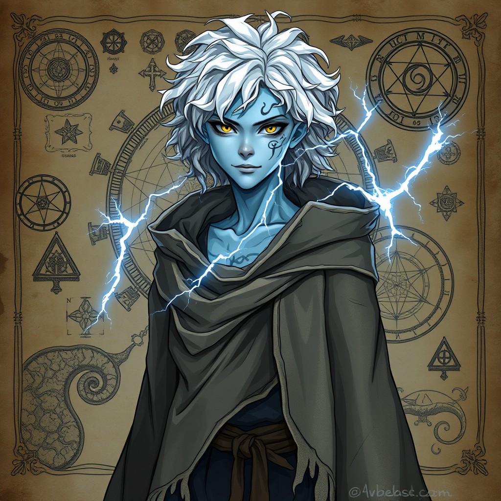 A full-body character design of a D&D Archon sorcerer, approximately 22 years old, with a slender frame and light, almost weightless movements