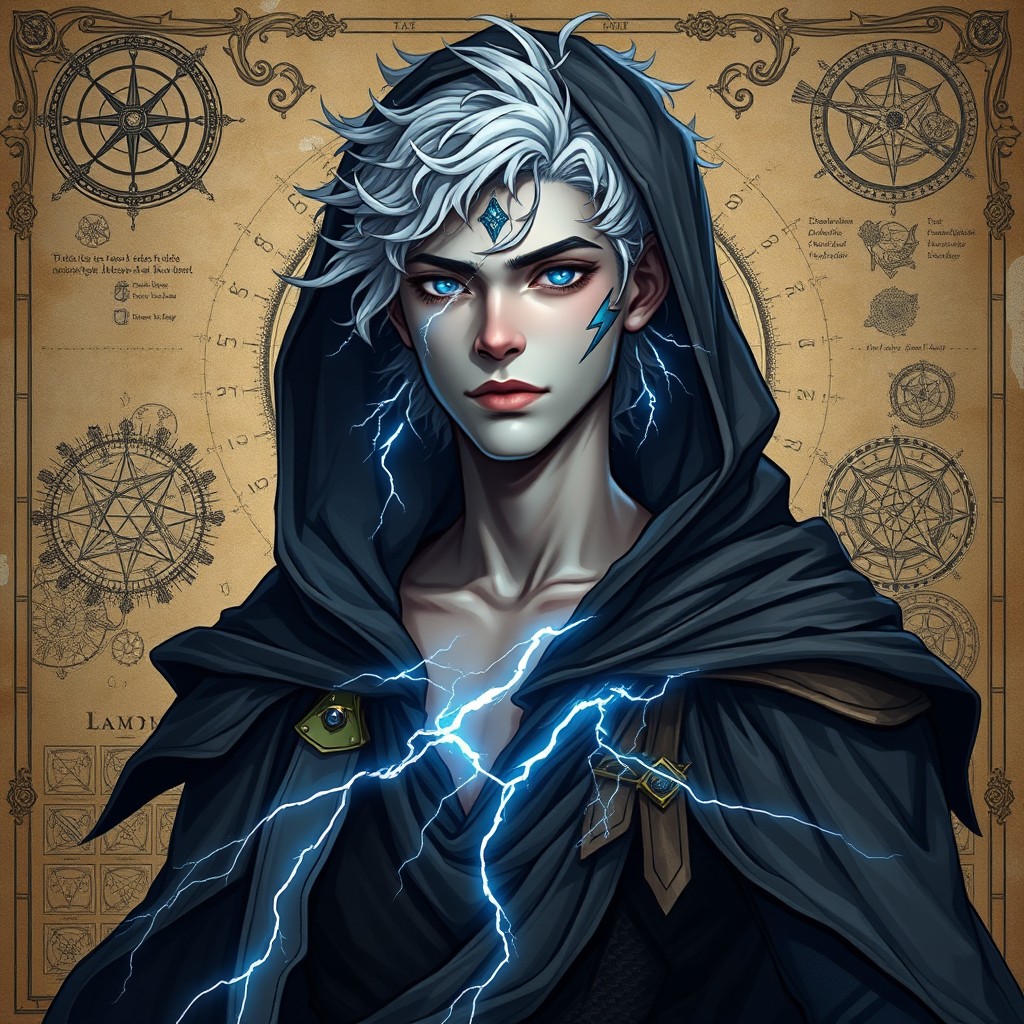 A full-body character design of a male D&D Archon sorcerer, around 22 years old, showcasing a slender frame with light, almost weightless movements