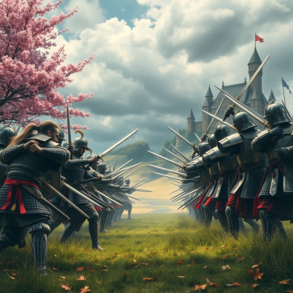 A dramatic battle scene depicting an army of samurai warriors in traditional armor, with katanas drawn, facing off against a medieval army of knights clad in shining armor and wielding swords and shields