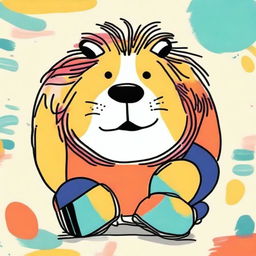 This is a hand-drawn image of a colorful, funny, fat, and fluffy lion wearing striped socks