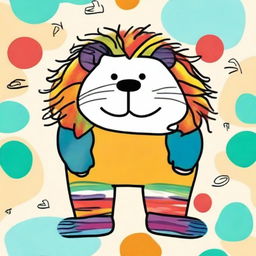 This is a hand-drawn image of a colorful, funny, fat, and fluffy lion wearing striped socks