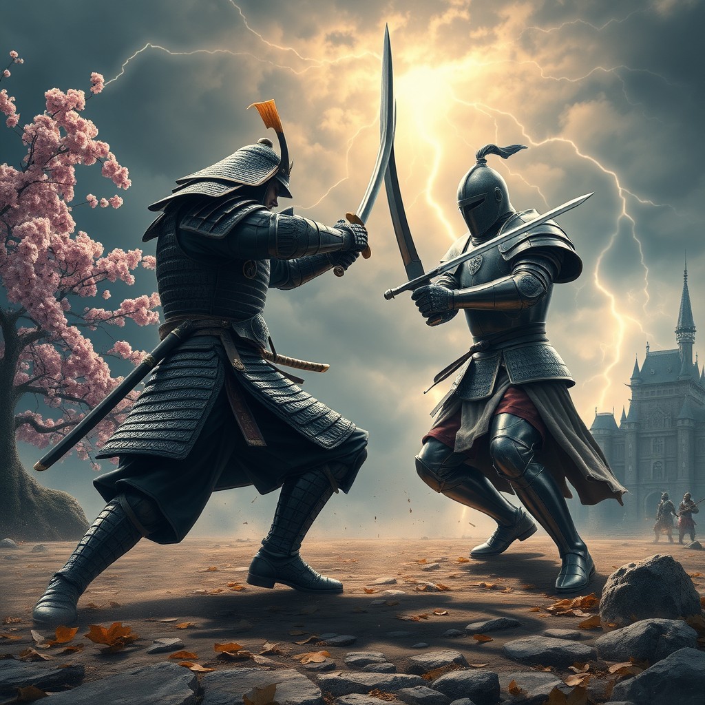 An intense battle scene depicting a Samurai and a Knight engaged in a fierce duel