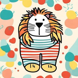 This is a hand-drawn image of a colorful, funny, fat, and fluffy lion wearing striped socks