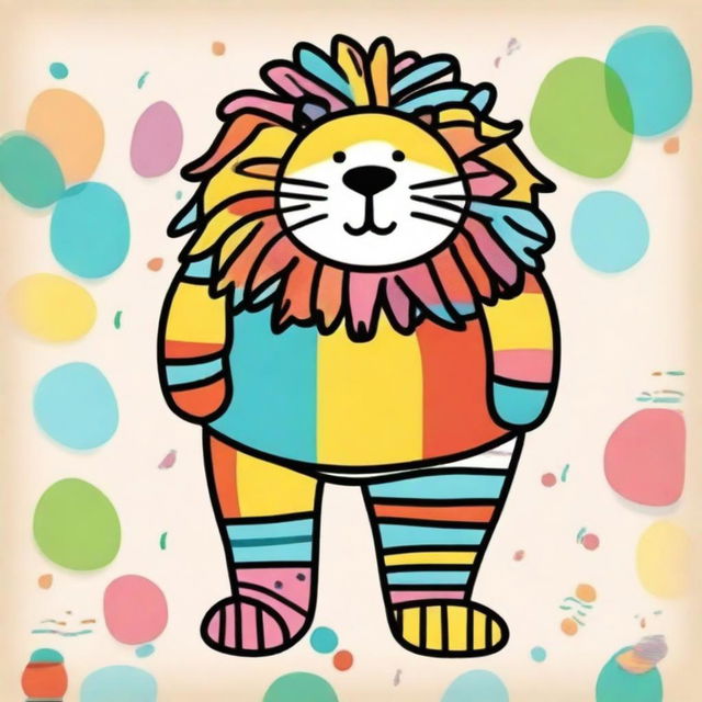 This is a hand-drawn image of a colorful, funny, fat, and fluffy lion wearing striped socks