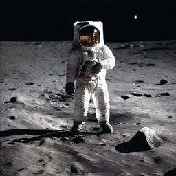 Astronaut standing on the lunar surface, holding a miniature Earth in his hand under the deep black sky.