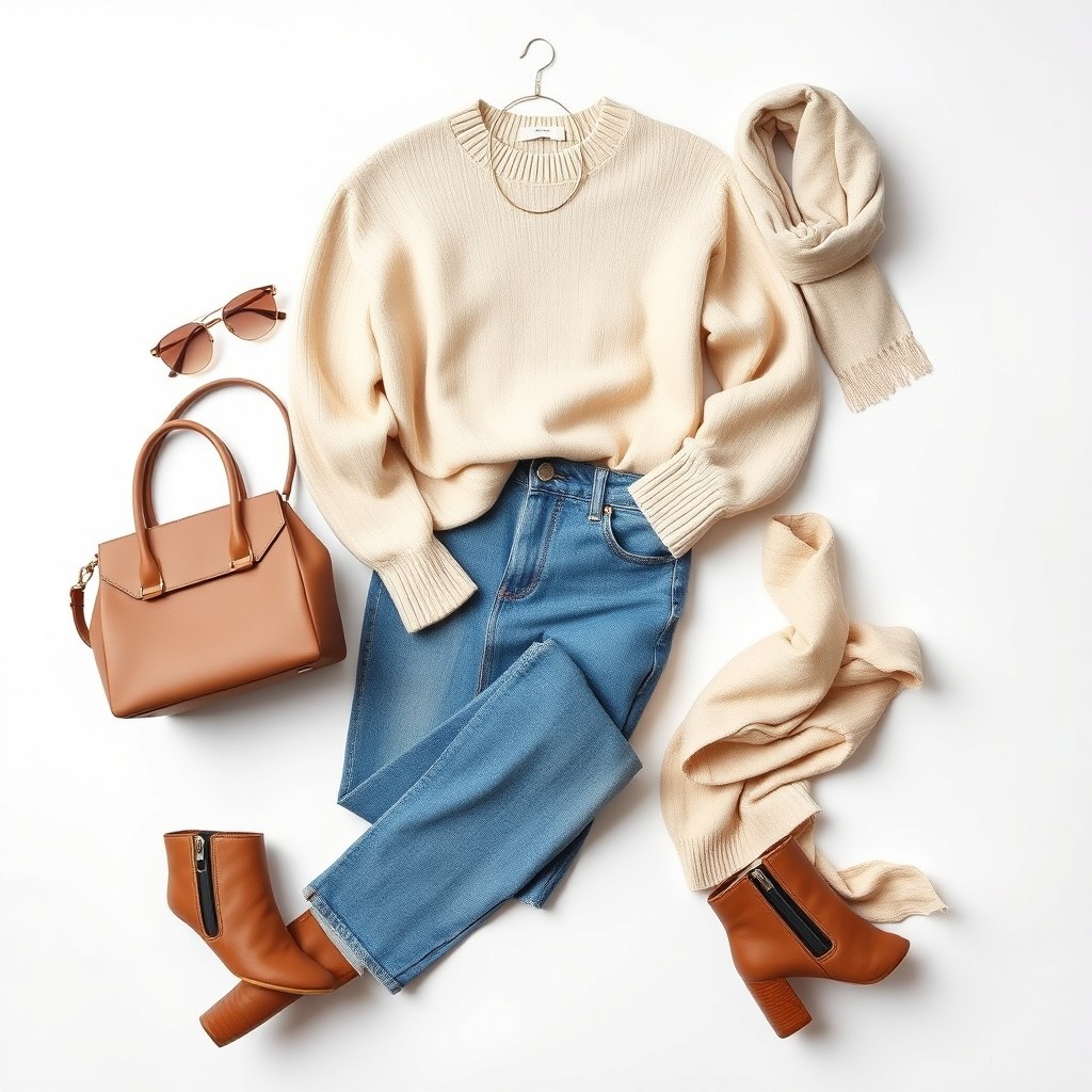 An aesthetically pleasing flat lay of trendy outfit inspiration set against a plain white background