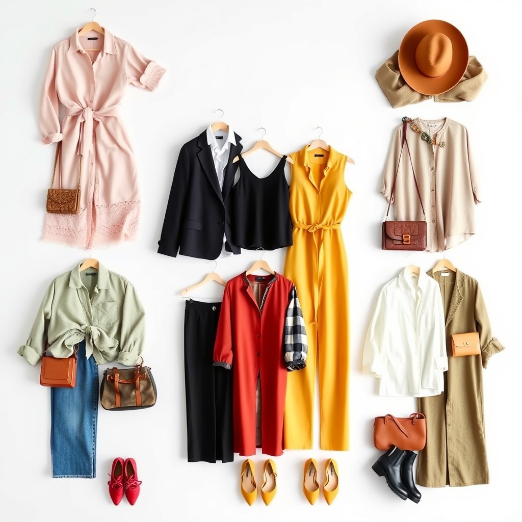 A stylish and aesthetic display of various outfits arranged artistically against a plain white background