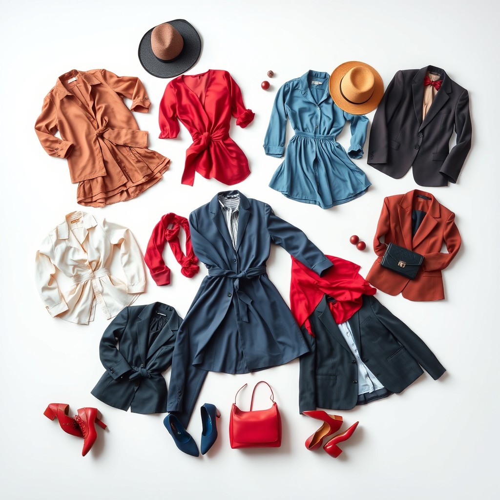 A high-quality aesthetic display of a variety of stylish outfits arranged elegantly on a plain white background