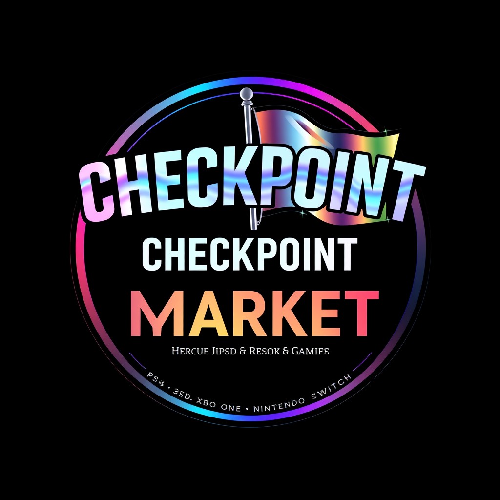 A gamer-style logo for a Vinted profile named 'Checkpoint Market', featuring a heroic flag that symbolizes the 'rescue' and second life of used video games for PS4, Xbox One, and Nintendo Switch