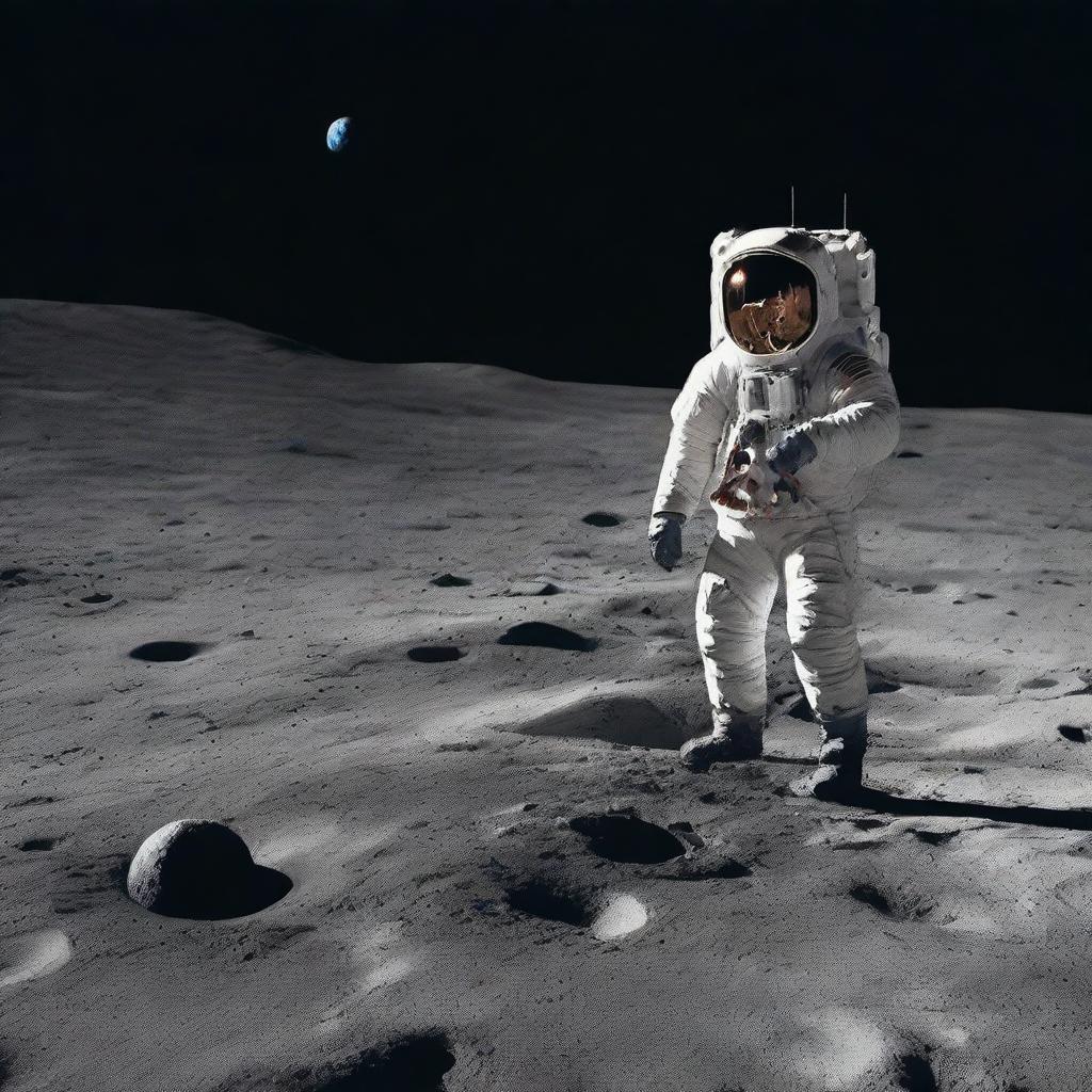 Astronaut standing on the lunar surface, holding a miniature Earth in his hand under the deep black sky.