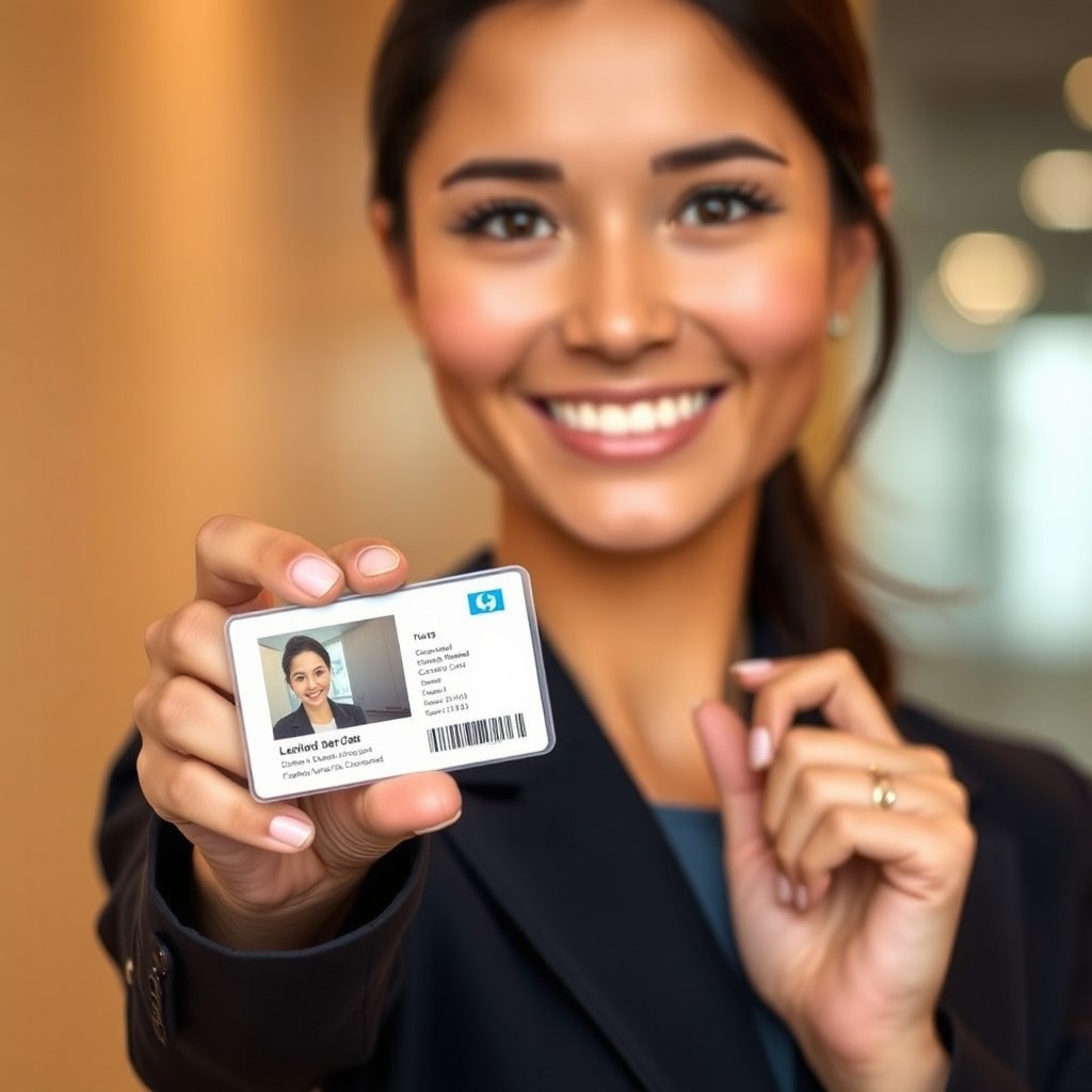 A stylish close-up portrait of an adult person confidently holding an ID card in their right hand