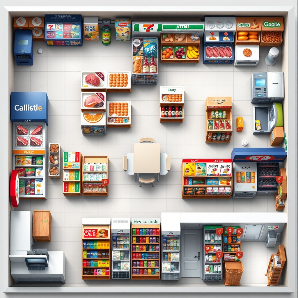 A detailed layout of a convenience store, showcasing various sections: a Cashier area at the front, an ATM Machine nearby, and aisles filled with diverse products