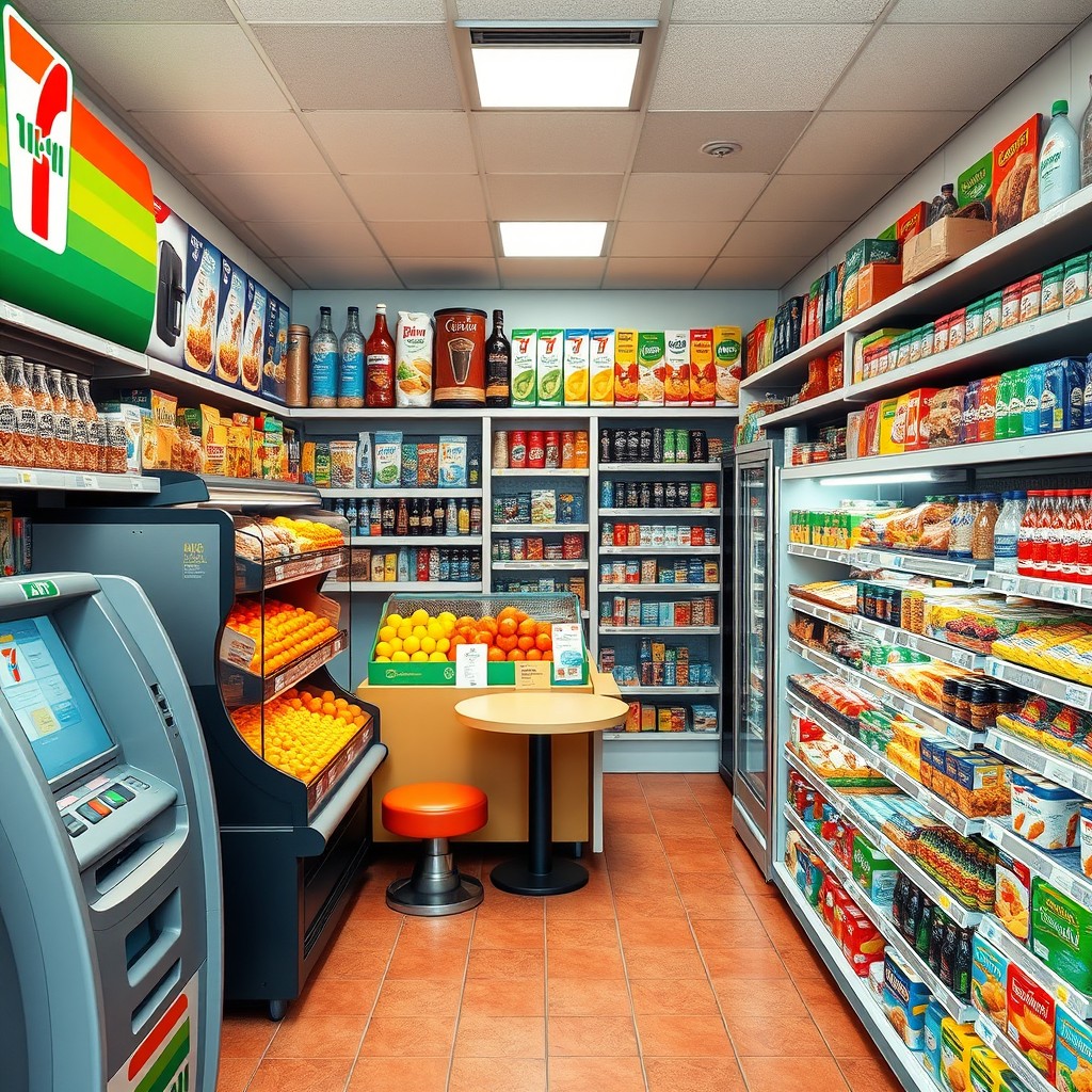 An interior view of a convenience store resembling a 7/11 layout