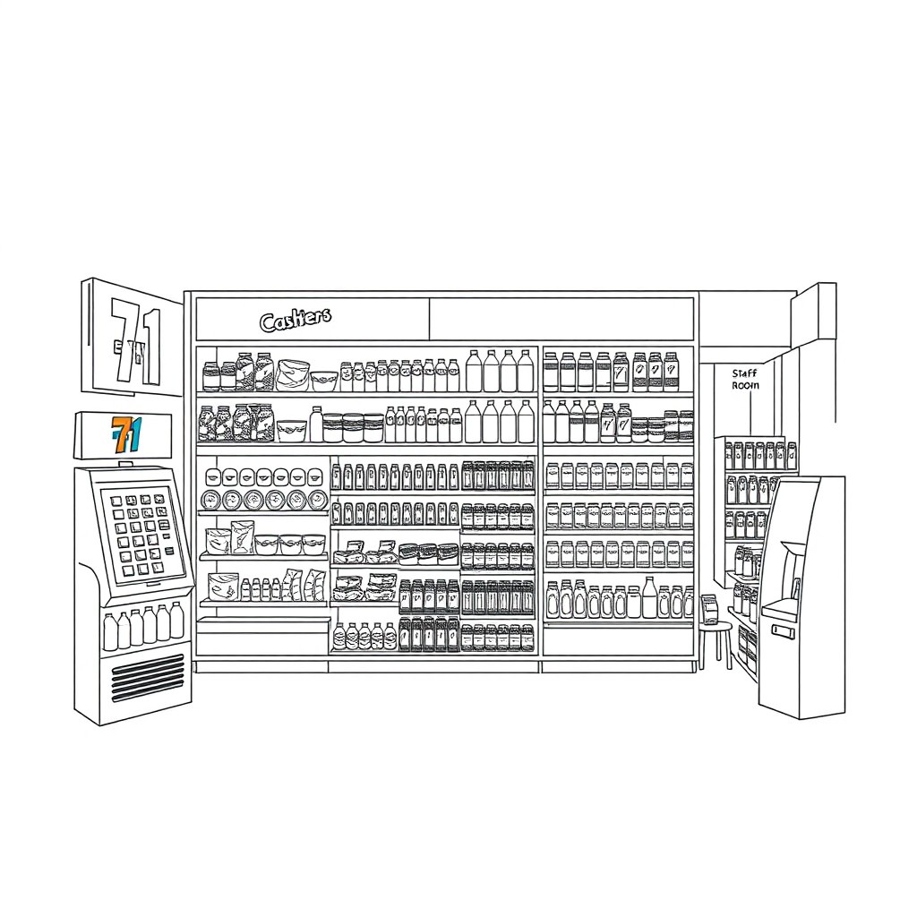An organized line art illustration of a convenience store layout, depicting various sections typical of a store like 7/11