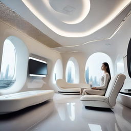 A woman situated in a sleek, modern interior featuring futuristic design elements, advanced technology, and state-of-the-art furniture.