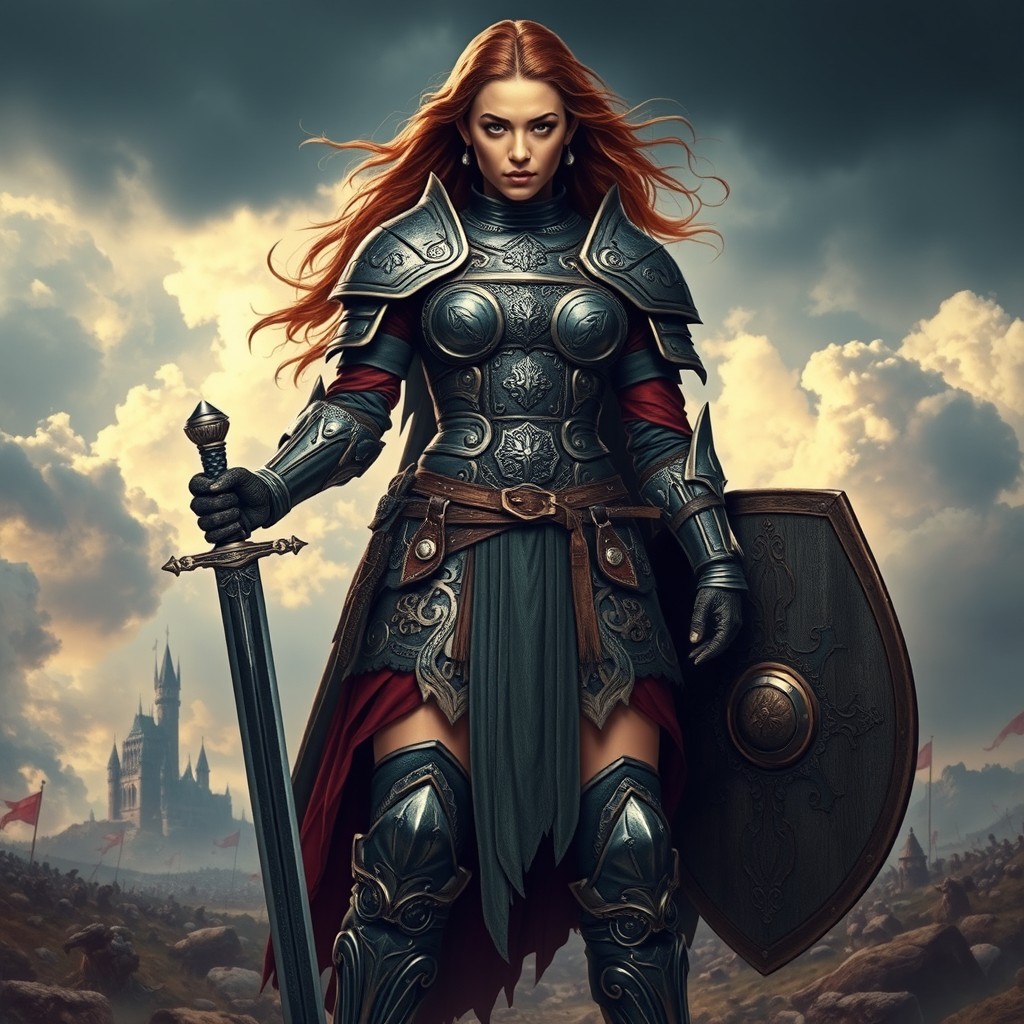 A fierce woman warrior standing confidently on a battlefield, clad in intricate armor that reflects her strength and resilience