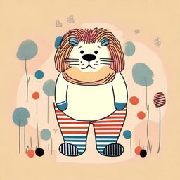 This is a hand-drawn image featuring a humorous, plump, and fluffy lion wearing striped socks