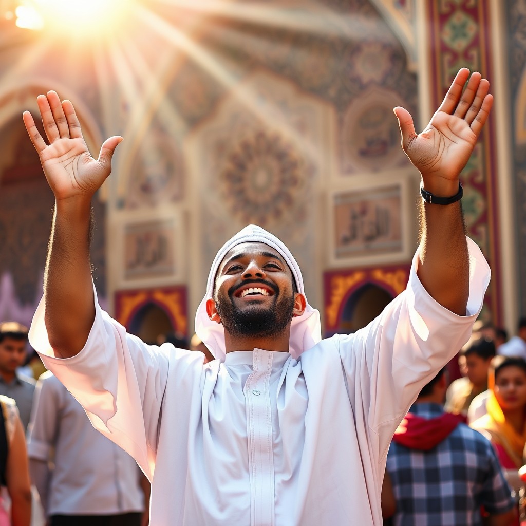 A Muslim man joyfully performing Takbir, raising his hands high in celebration, wearing traditional clothing such as a white thobe and a kufi cap