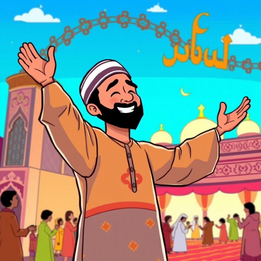 A cartoon-style illustration of a Muslim man joyfully performing Takbir, silhouetted with his face covered by a traditional kufi cap