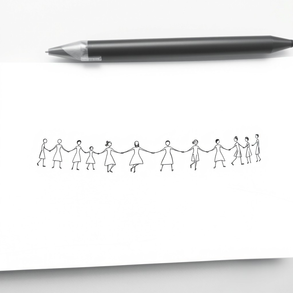 A horizontal sketch resembling a long band, featuring elongated figures of dancing people connected by hand, forming a continuous ornament like a bracelet that can be wrapped around an ankle
