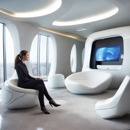 A woman situated in a sleek, modern interior featuring futuristic design elements, advanced technology, and state-of-the-art furniture.