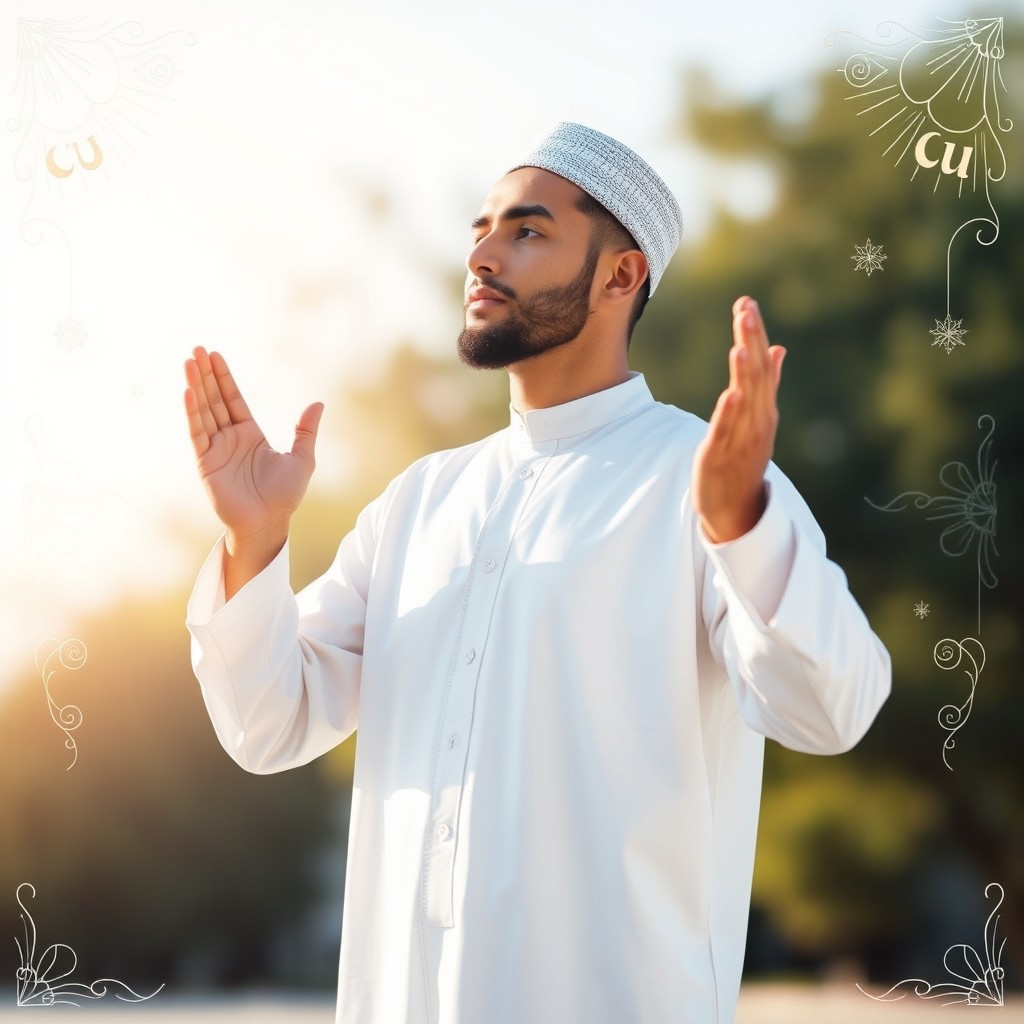 A Muslim man standing in a serene pose, performing Islamic invocation (Dua) with his hands raised in prayer