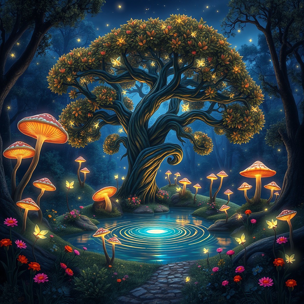 A fantastical forest at twilight, filled with glowing mushrooms and ethereal fireflies illuminating the surroundings