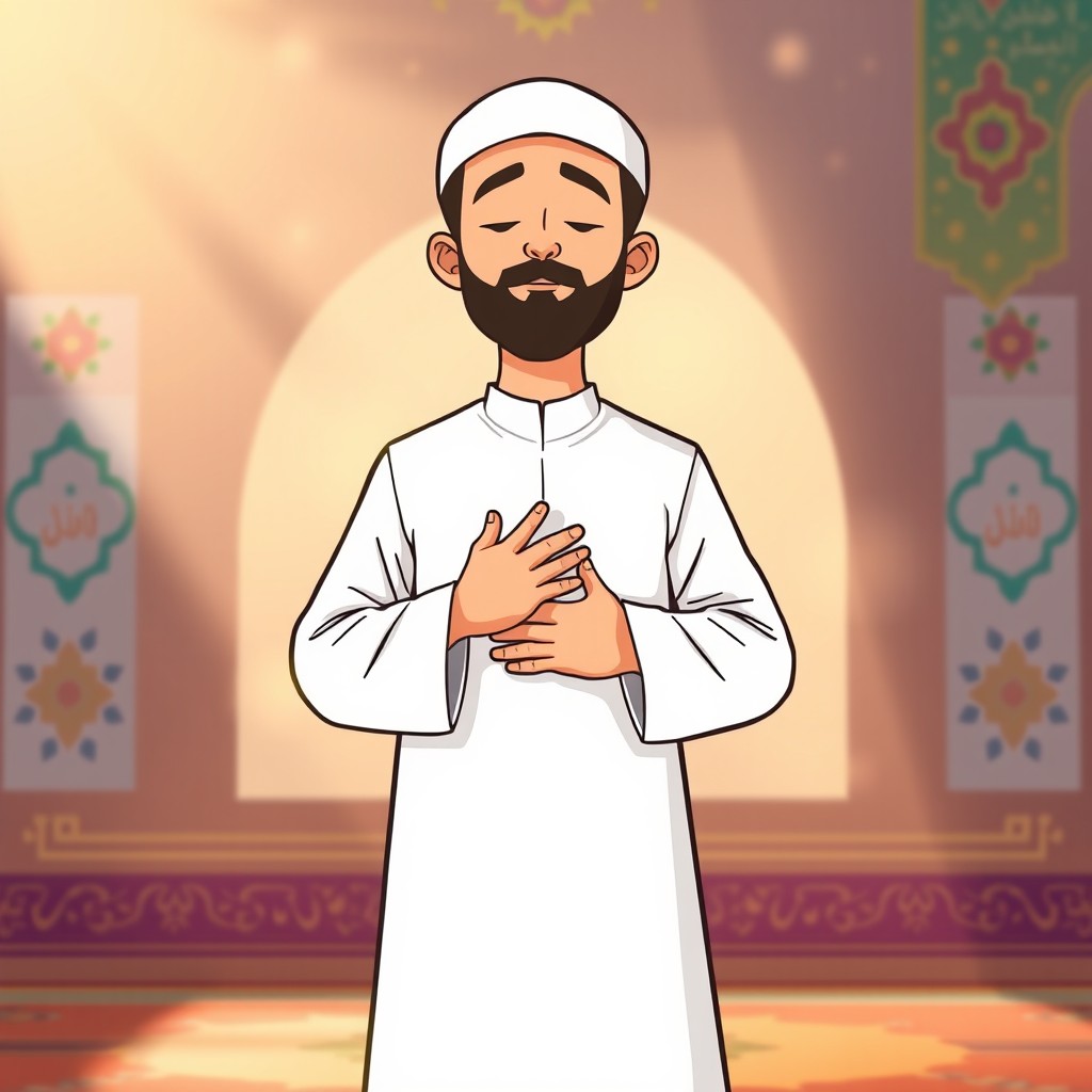A cartoon-style illustration of a Muslim man standing in a respectful pose, performing Islamic invocation (Dua) with his hands placed gently over his tummy, resembling the gesture of prayer