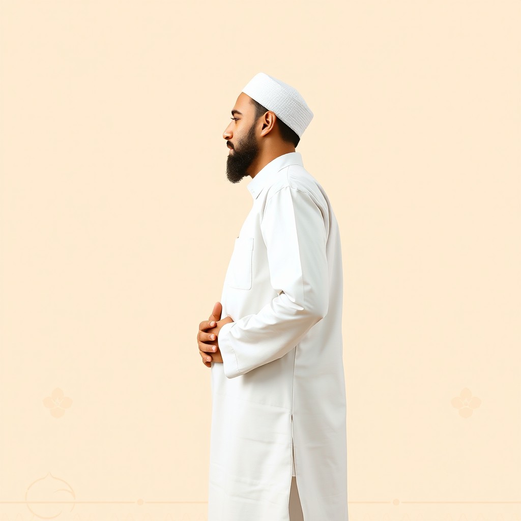 A Muslim man standing sideways in a respectful pose, performing Islamic invocation (Dua) with his hands gently positioned over his tummy, mimicking the gesture of prayer (🫱🏻🫲🏻)
