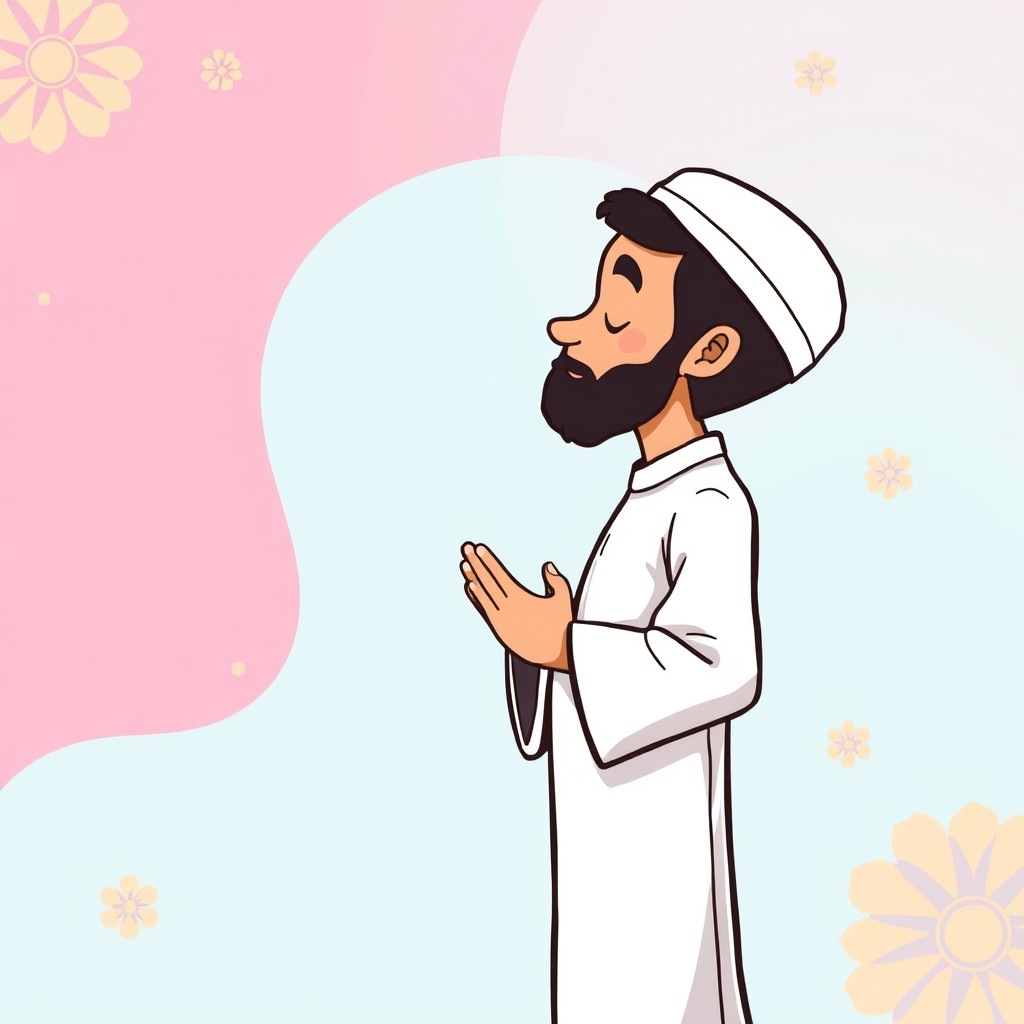 A cartoon-style illustration of a Muslim man standing sideways, performing Islamic invocation (Dua) with his hands gently placed over his tummy, mimicking the gesture of prayer (🫱🏻🫲🏻)