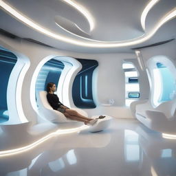 A woman situated in a sleek, modern interior featuring futuristic design elements, advanced technology, and state-of-the-art furniture.