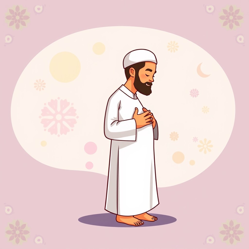 An animated cartoon illustration of a Muslim man standing sideways, performing Islamic invocation (Dua) with his hands positioned over his tummy, specifically in the gesture of prayer represented by the emojis (🫱🏻🫲🏻)