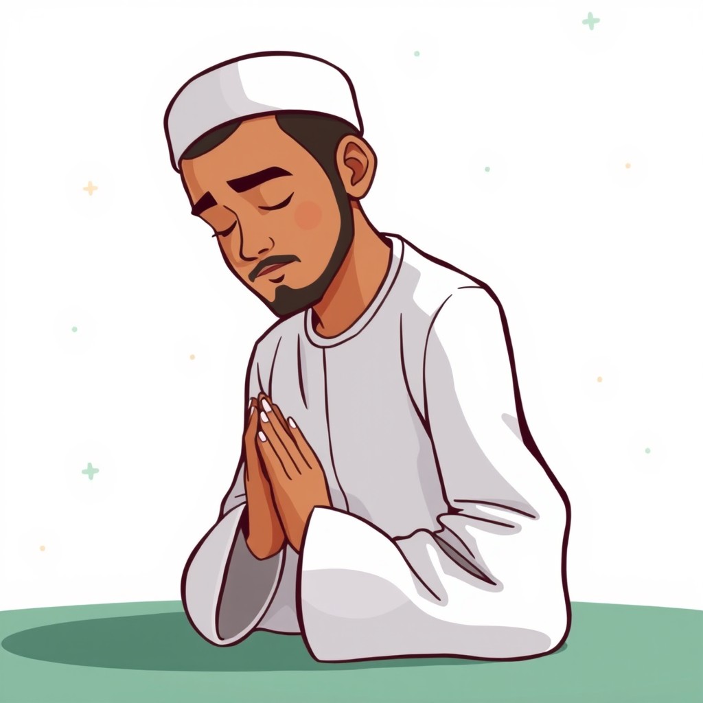 An illustration of a Muslim man in the ruku position during prayer, depicted in a cartoon style