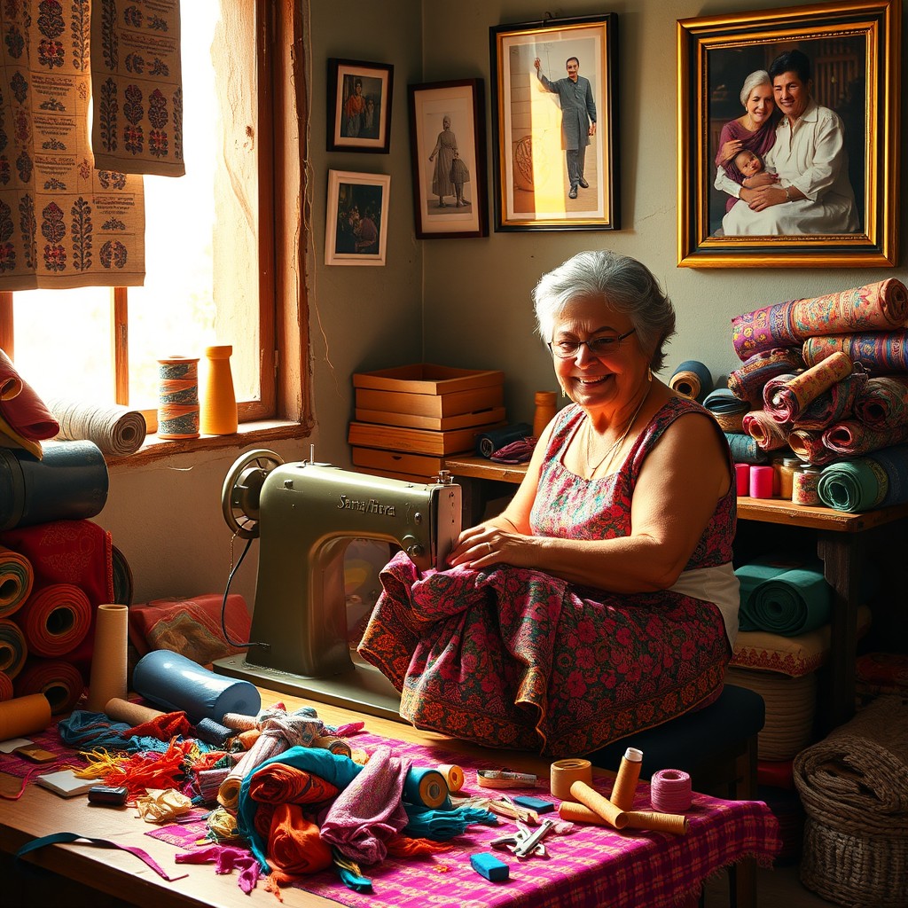A warm and inviting scene of a skilled seamstress, lovingly referred to as "Mamá costurera", sitting at her sewing machine in a cozy and colorful workshop