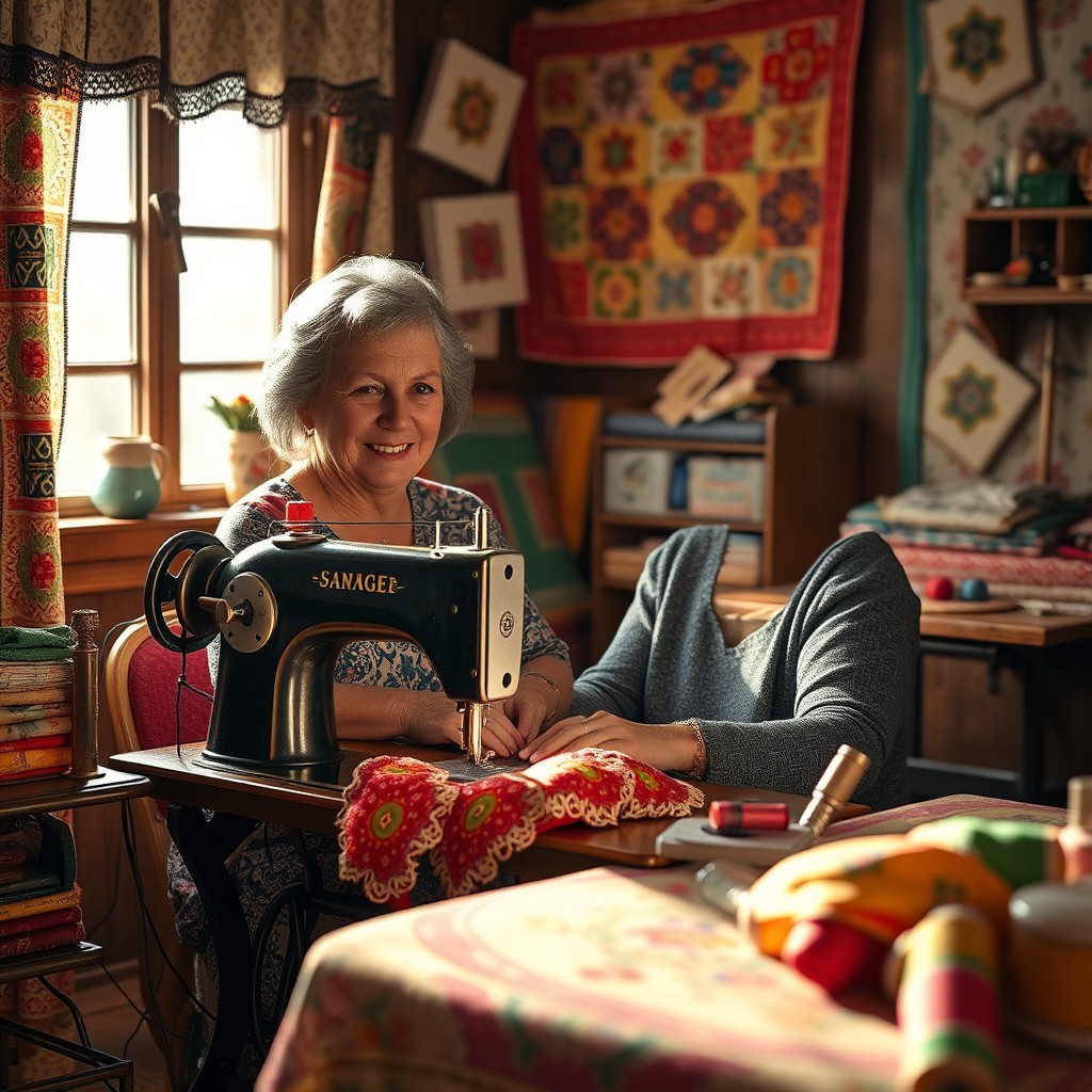 A scene depicting a skilled seamstress, referred to as 'Mamá costurera', sitting at a vintage sewing machine in a cozy, well-lit room