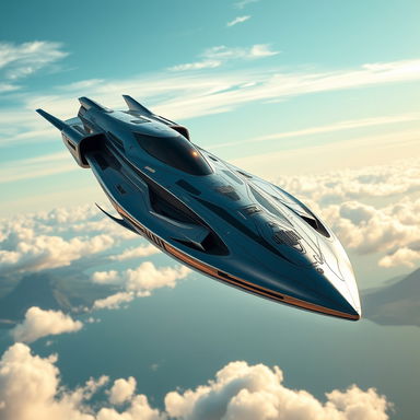 A sleek and futuristic Optic craft, streamlined with high-tech features, soaring through a vibrant sky filled with clouds