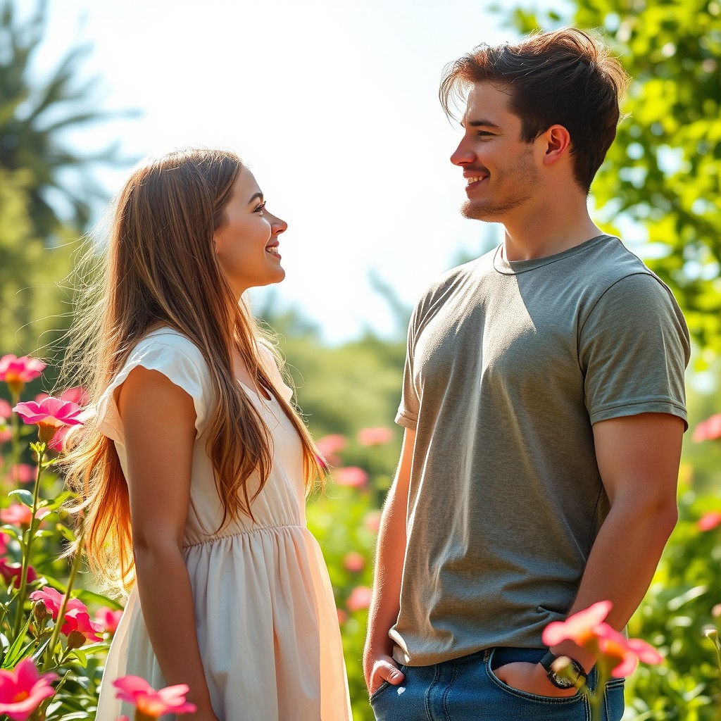 A 17-year-old girl gazing lovingly at a 25-year-old man in a sunny park setting