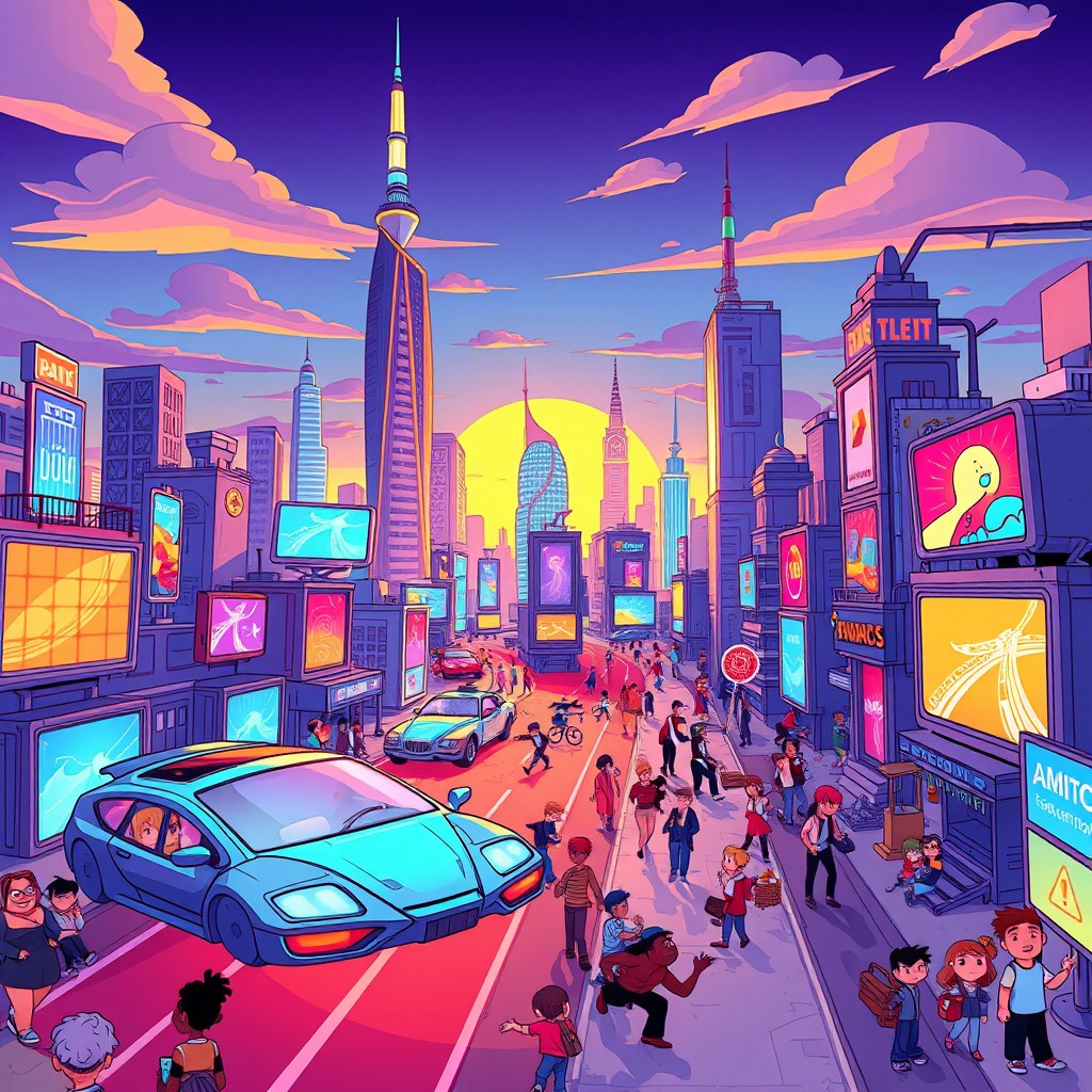 A vibrant cartoon style illustration of a futuristic cityscape with flying cars, tall neon-lit skyscrapers, and bustling streets filled with diverse animated characters engaging in various activities