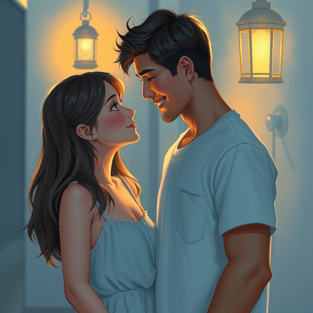 A 17-year-old girl gazing lovingly at a 25-year-old man, depicted in a semi-realistic or light digital painting style